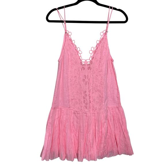 Free People FP One Casella Drop Waist Embroidered Slip Mini Dress Pink XS NWOT - Picture 3 of 7